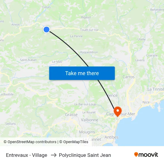 Entrevaux - Village to Polyclinique Saint Jean map