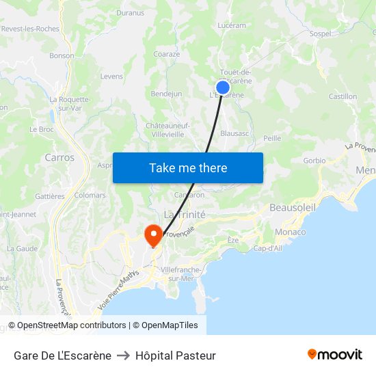 Gare De L'Escarène to Hôpital Pasteur map