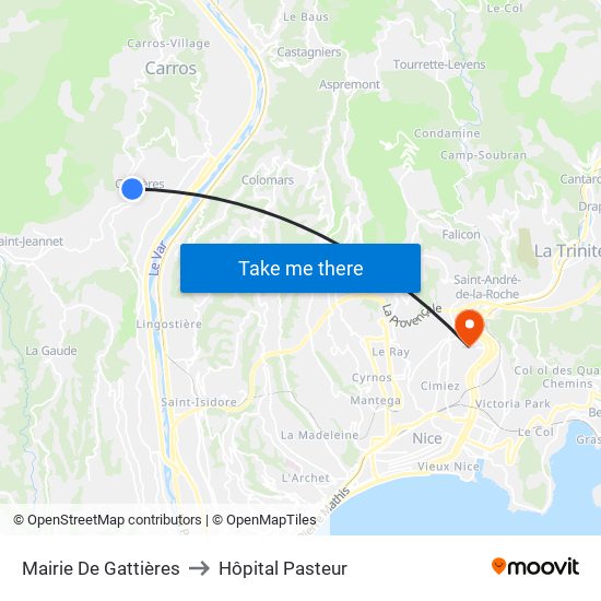 Mairie De Gattières to Hôpital Pasteur map