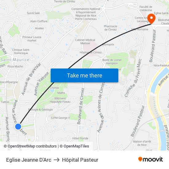 Eglise Jeanne D'Arc to Hôpital Pasteur map