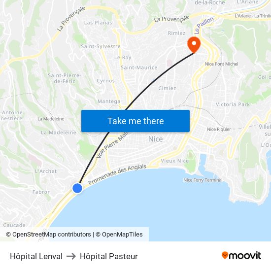 Hôpital Lenval to Hôpital Pasteur map