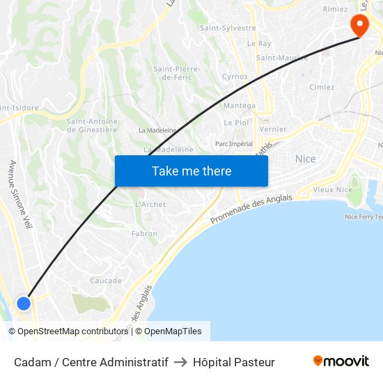 Cadam / Centre Administratif to Hôpital Pasteur map