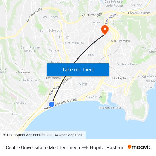 Centre Universitaire Méditerranéen to Hôpital Pasteur map