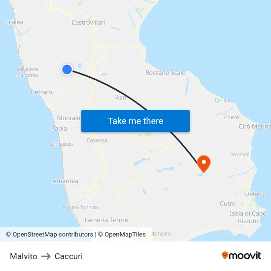 Malvito to Caccuri map