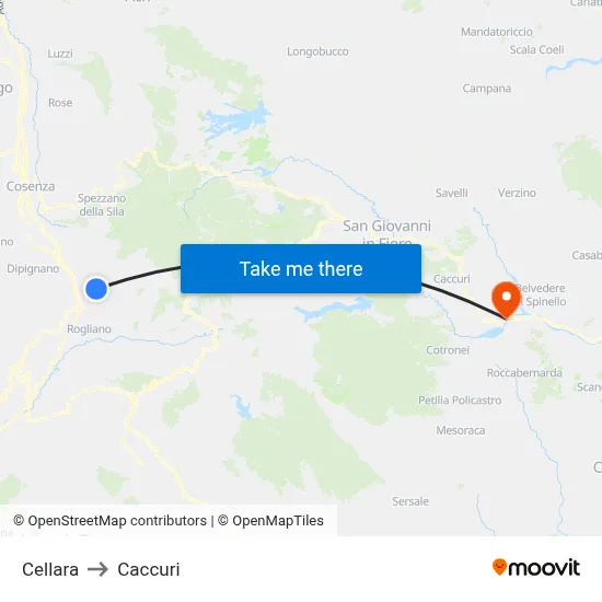 Cellara to Caccuri map