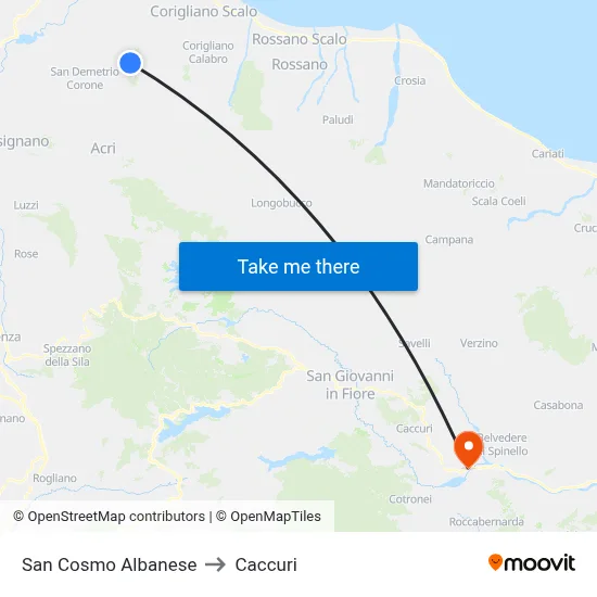 San Cosmo Albanese to Caccuri map