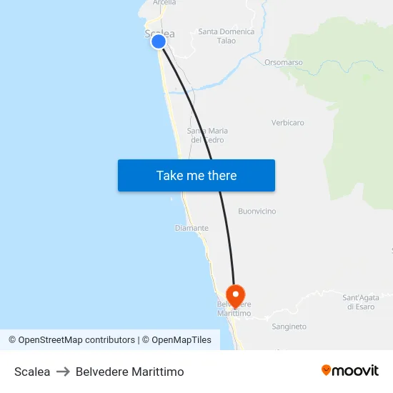 Scalea to Belvedere Marittimo map