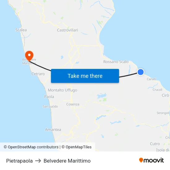 Pietrapaola to Belvedere Marittimo map