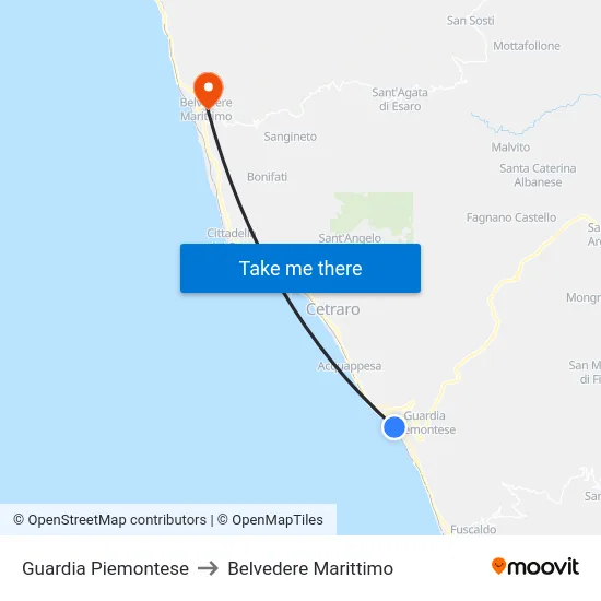 Guardia Piemontese to Belvedere Marittimo map