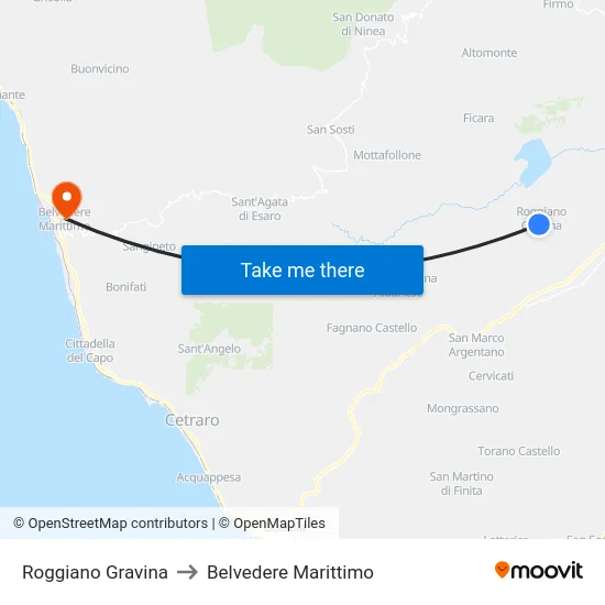 Roggiano Gravina to Belvedere Marittimo map