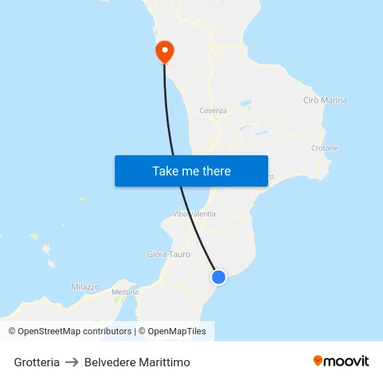 Grotteria to Belvedere Marittimo map
