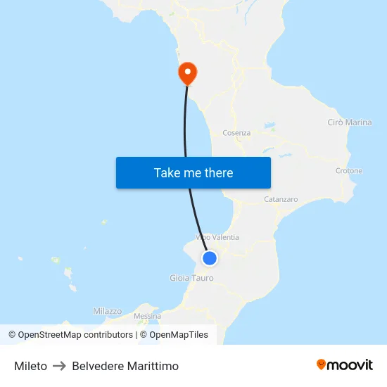 Mileto to Belvedere Marittimo map