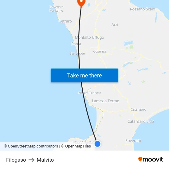 Filogaso to Malvito map