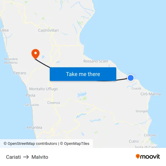 Cariati to Malvito map