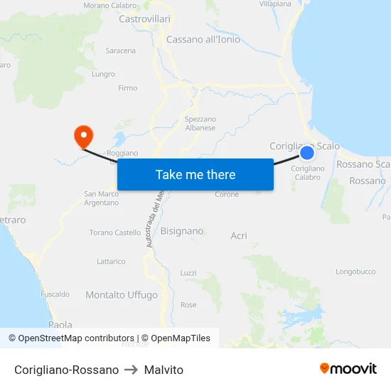 Corigliano-Rossano to Malvito map