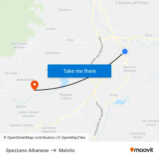 Spezzano Albanese to Malvito map