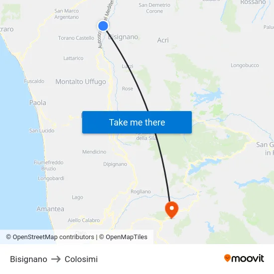 Bisignano to Colosimi map