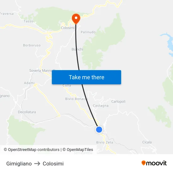 Gimigliano to Colosimi map