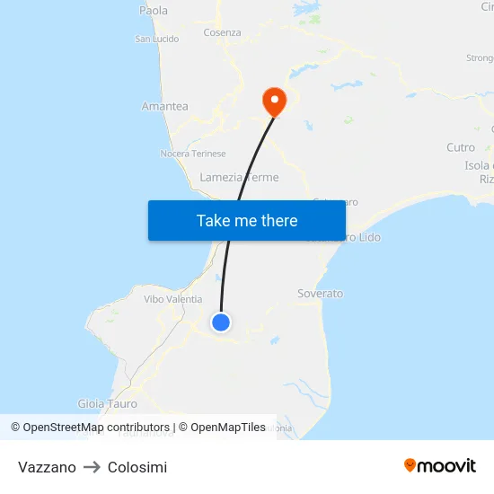 Vazzano to Colosimi map