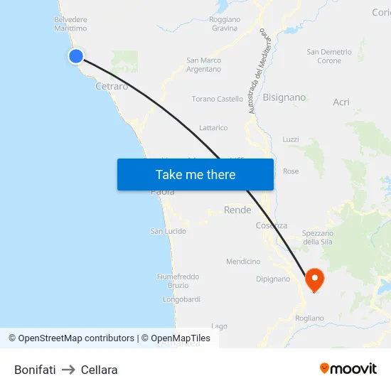 Bonifati to Cellara map