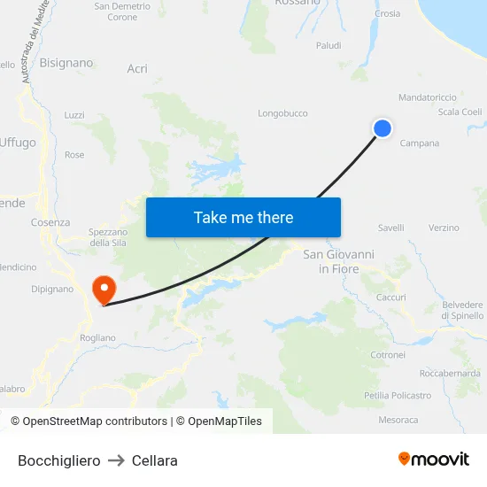 Bocchigliero to Cellara map