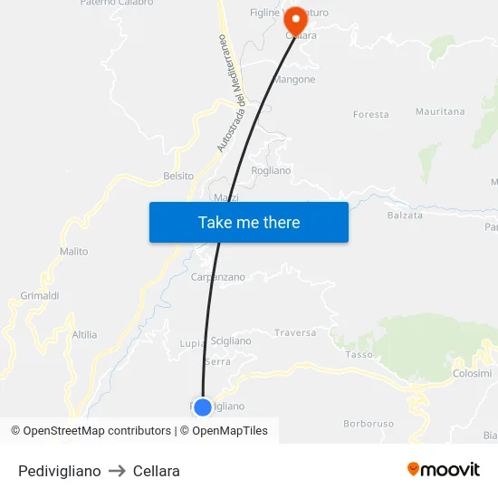 Pedivigliano to Cellara map