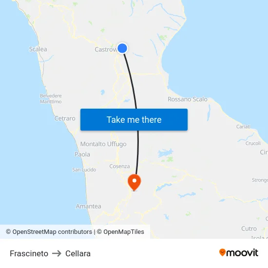 Frascineto to Cellara map