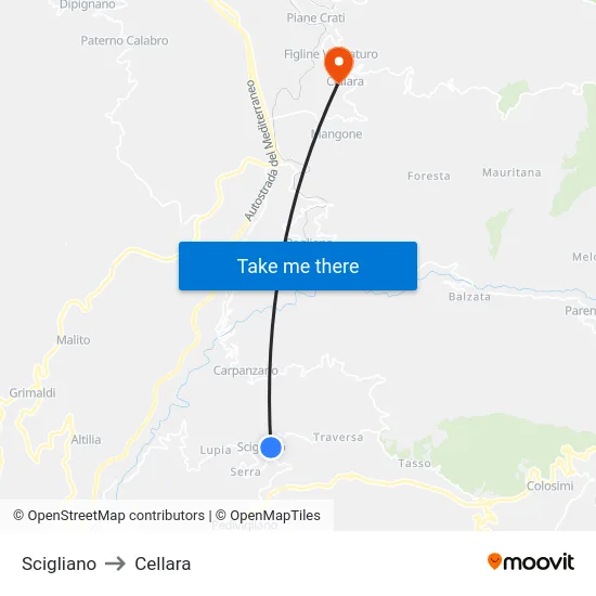 Scigliano to Cellara map