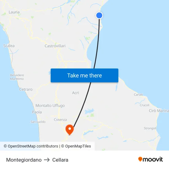 Montegiordano to Cellara map
