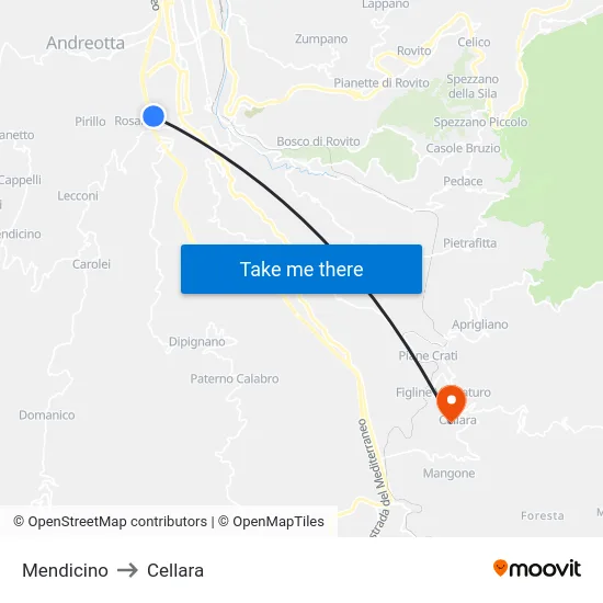 Mendicino to Cellara map