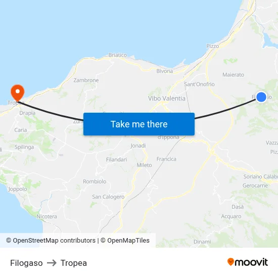 Filogaso to Tropea map