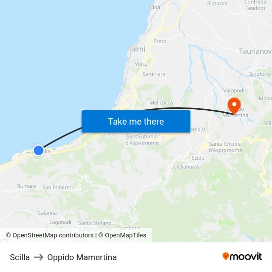 Scilla to Oppido Mamertina map