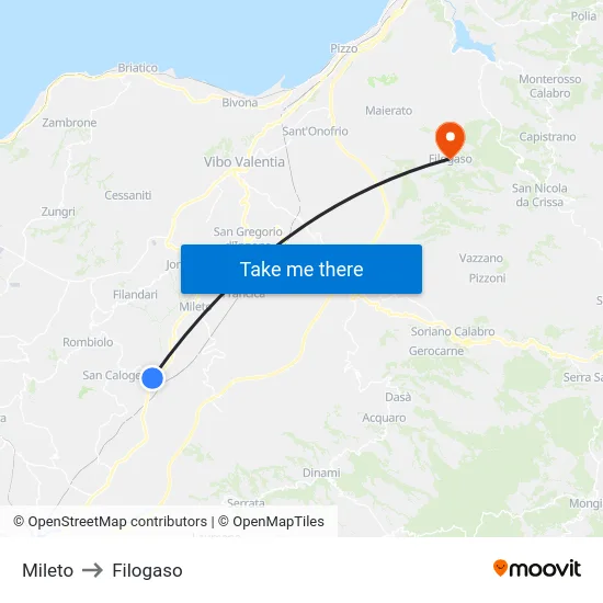 Mileto to Filogaso map