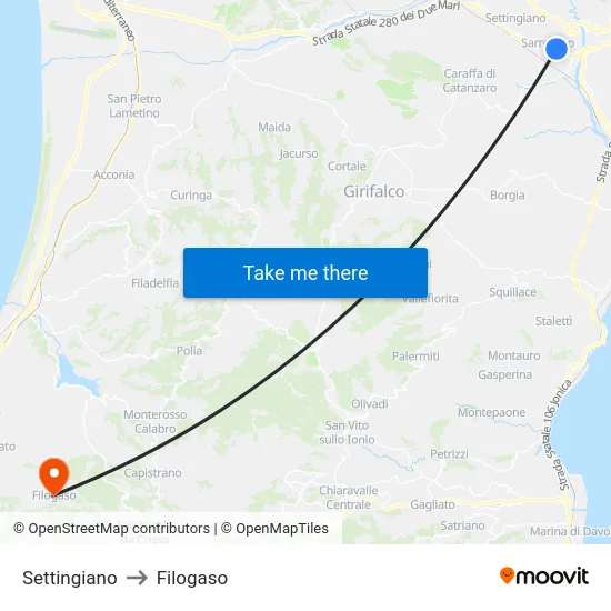 Settingiano to Filogaso map