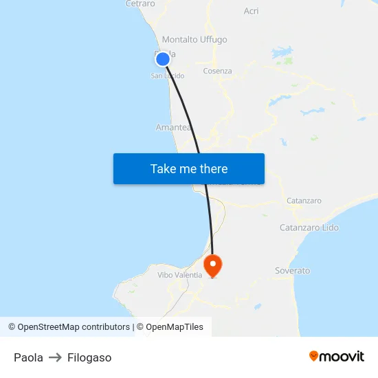 Paola to Filogaso map