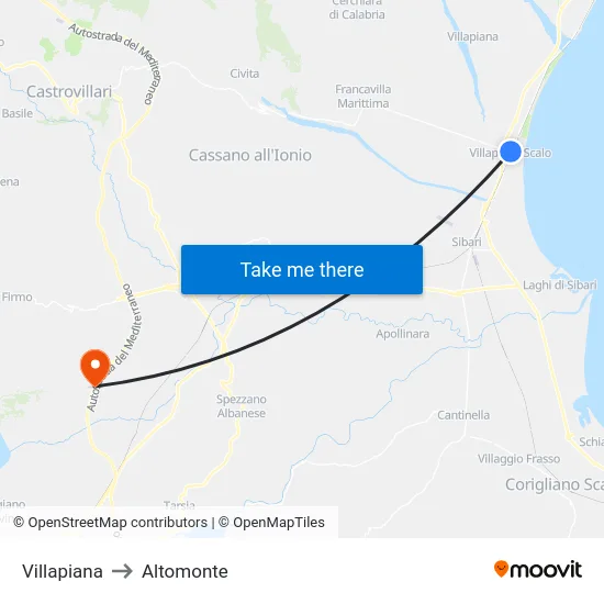 Villapiana to Altomonte map