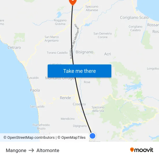 Mangone to Altomonte map