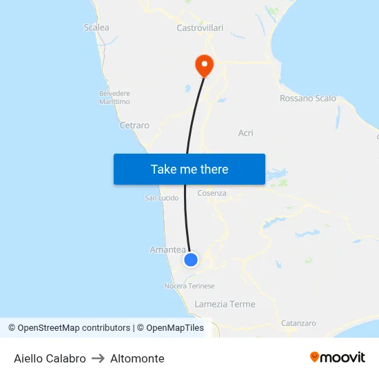 Aiello Calabro to Altomonte map