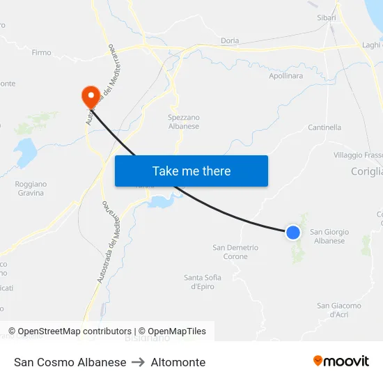 San Cosmo Albanese to Altomonte map