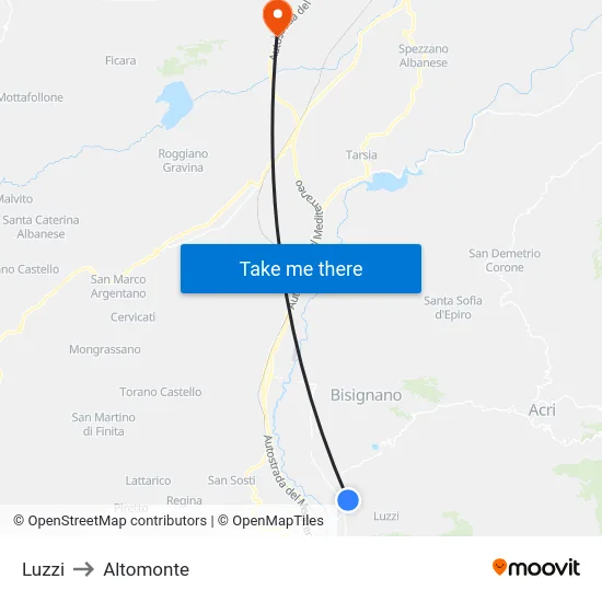 Luzzi to Altomonte map