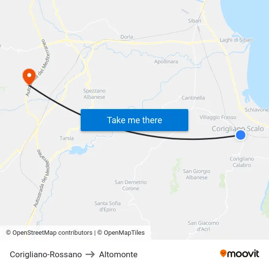 Corigliano-Rossano to Altomonte map