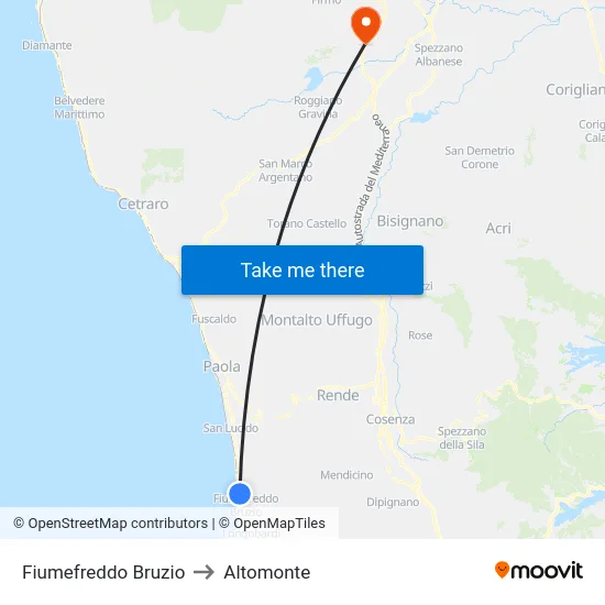 Fiumefreddo Bruzio to Altomonte map