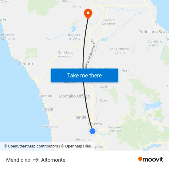 Mendicino to Altomonte map