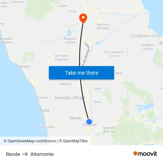 Rende to Altomonte map