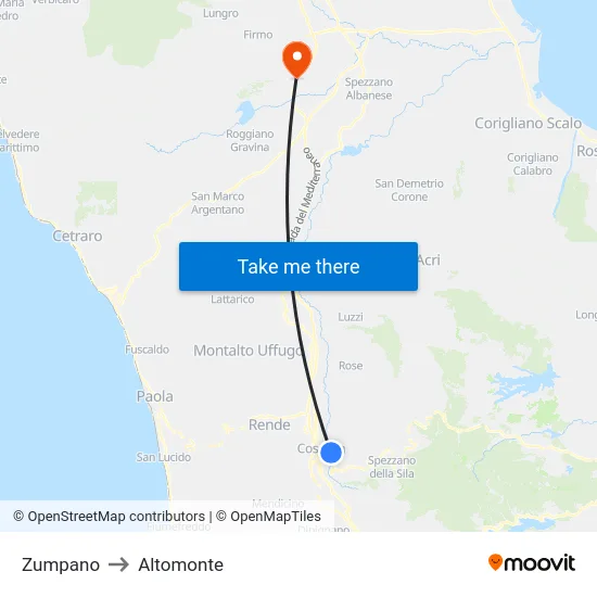 Zumpano to Altomonte map