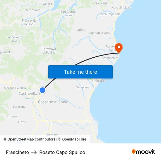 Frascineto to Roseto Capo Spulico map