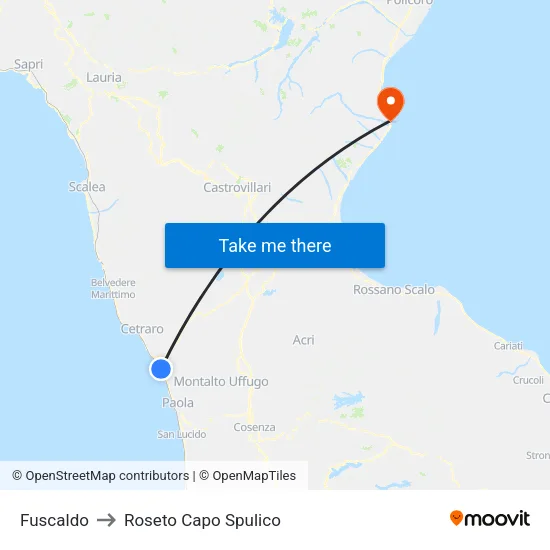 Fuscaldo to Roseto Capo Spulico map