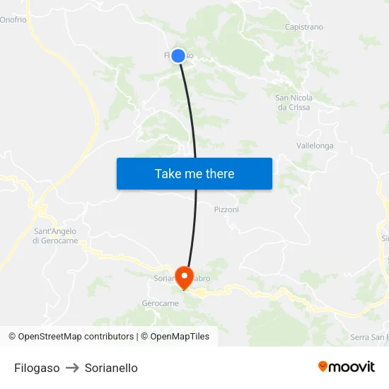 Filogaso to Sorianello map