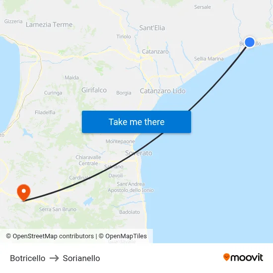 Botricello to Sorianello map