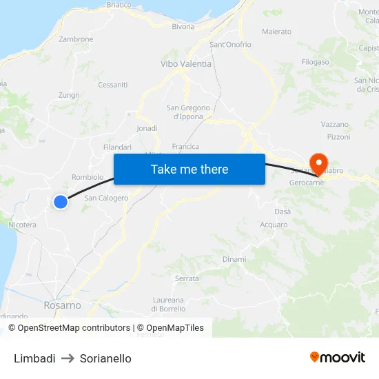 Limbadi to Sorianello map